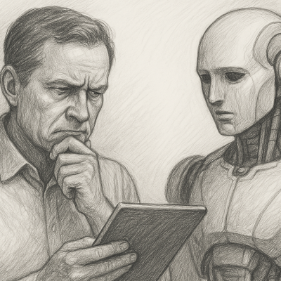 A business leader evaluates an AI tool alongside a robot, symbolizing the critical decision-making needed to choose practical, time-saving AI solutions.