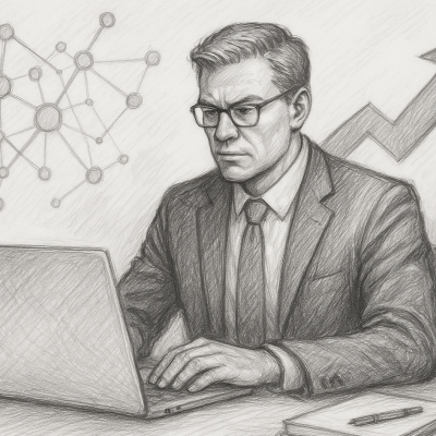 Pencil sketch of a focused business leader at a laptop, symbolizing the first step in an AI journey from pilot to scalable success.