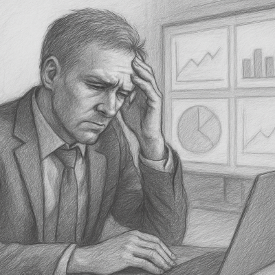 Stressed business leader at desk, overwhelmed by data—reflecting AI’s role in easing decision fatigue.