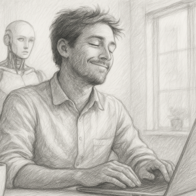 A calm business owner smiles at his laptop while an AI assistant stands behind, symbolizing relief from burnout through automation.