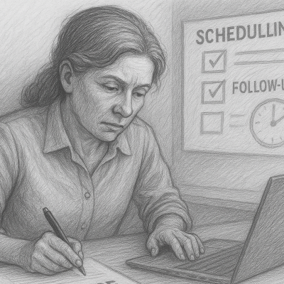 Businesswoman sketch handling invoicing, scheduling, and follow-ups—tasks AI can automate.