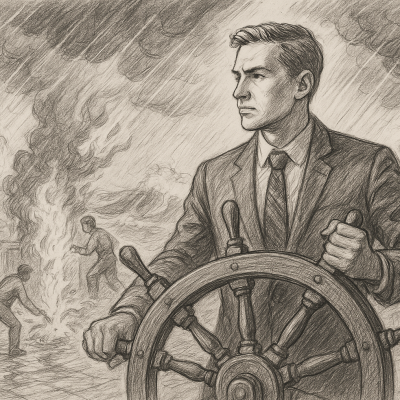 A pencil sketch of a business leader at the helm of a ship during a storm, symbolizing AI-era leadership—shifting from reactive crisis management to resilient, forward-thinking strategy.
