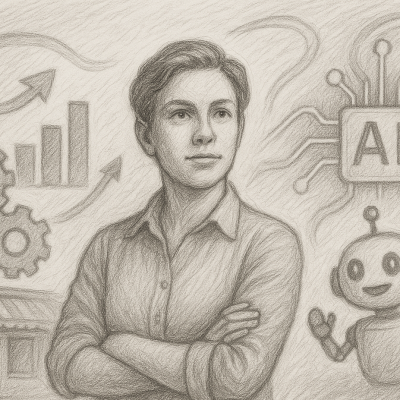 Pencil sketch of a small business owner with AI symbols, showing smart growth through technology.