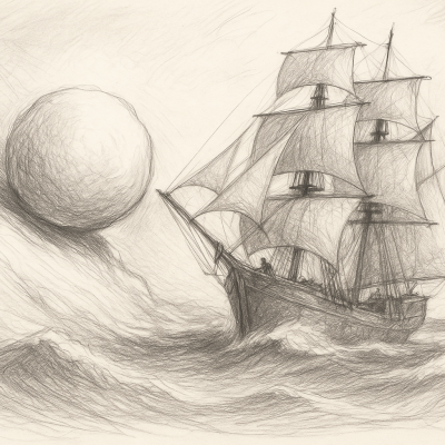 The AI Snowball: How Small Wins Compound Into Scalable Growth 8 Pencil sketch of a ship at sea with a snowball rolling toward it, symbolizing AI-driven momentum.