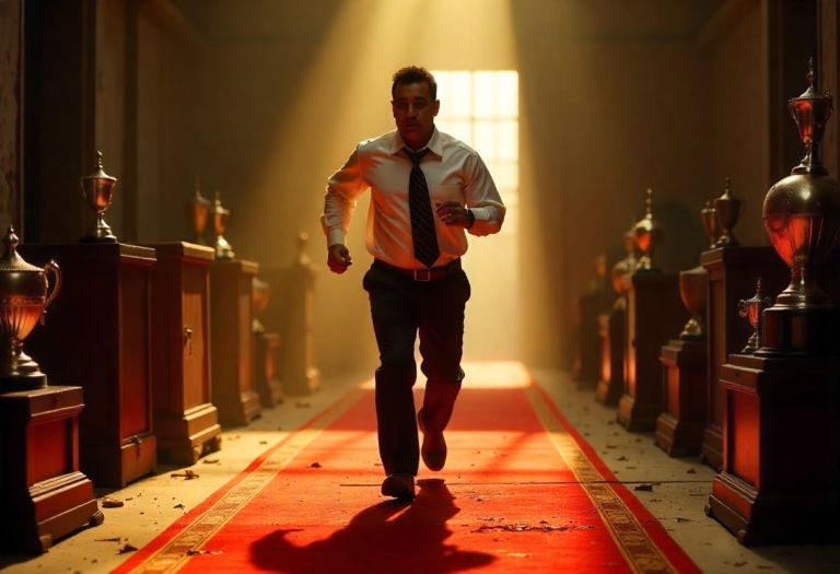 A businessman running in place, surrounded by trophies but emotionally drained.