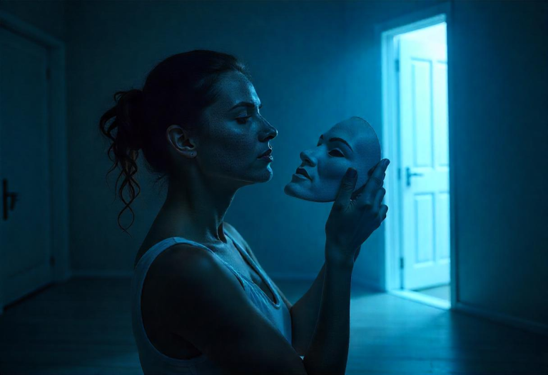 A person gently removing a theatrical mask, revealing a calm, authentic face beneath, representing the journey from performance to presence.