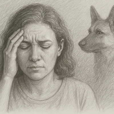 A woman in distress with a watchful dog behind her — her body still guarding against a danger her mind knows is gone.