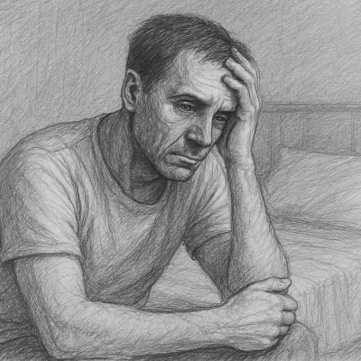 A weary man sits on the edge of his bed, lost in thought. Though composed, his slouched posture and distant gaze reveal the invisible weight of high-functioning trauma.