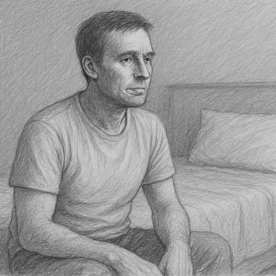 A man sits quietly by his room, as if caught between letting go and learning how to feel safe in stillness for the first time.