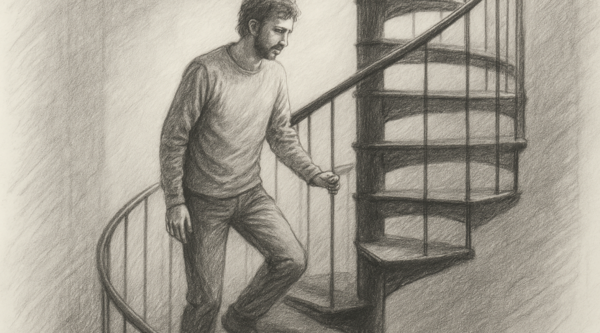 A pencil sketch of a solitary figure seated on a staircase, reflecting the quiet, layered journey of healing.