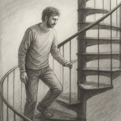 A pencil sketch of a solitary figure seated on a staircase, reflecting the quiet, layered journey of healing.