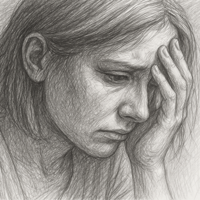 A pencil sketch of a woman in distress, holding her head in her hand, with a somber expression and downcast eyes.