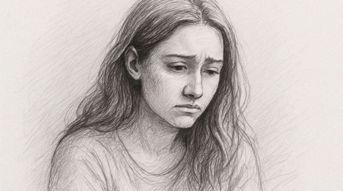 A pencil sketch of a woman with a heavy expression, looking downward in quiet reflection.