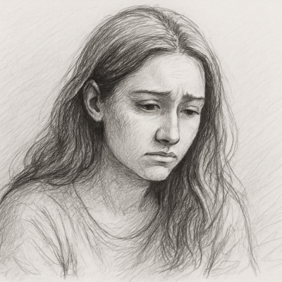 A pencil sketch of a woman with a heavy expression, looking downward in quiet reflection.