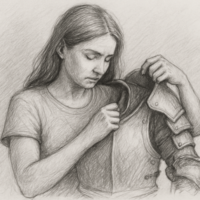 Illustration of a person gently removing a cloak, symbolizing emotional release.