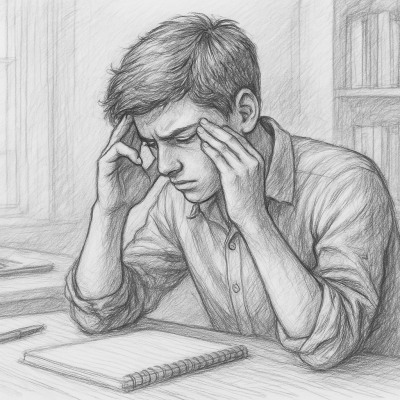 A young person sitting alone, head bowed, surrounded by papers, symbolizing the hidden pain behind high achievement.