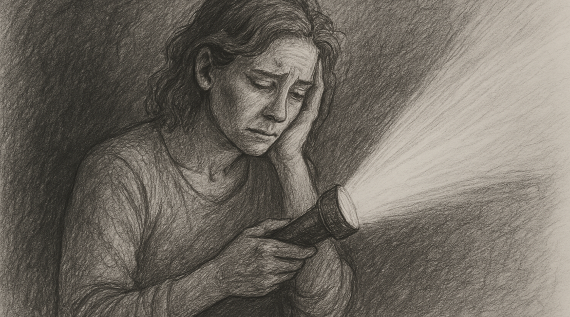 A distressed woman holding a flashlight, its beam cutting through darkness as she cradles her head, capturing the emotional weight of inner struggle.