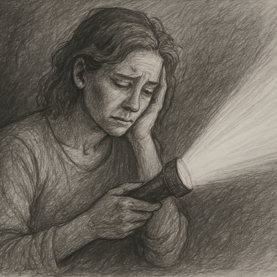 A distressed woman holding a flashlight, its beam cutting through darkness as she cradles her head, capturing the emotional weight of inner struggle.
