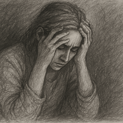 A woman seated with her head bowed and hands clasped, capturing the quiet exhaustion of always holding it together and the longing to finally let go.