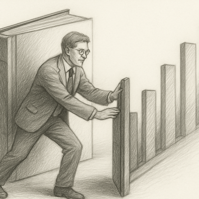 From Manuscript to Movement: Why Your Book Needs a Business Model 4 Pencil sketch of a businessman pushing open a giant book that transforms into rising bar graphs, symbolizing how a book can drive business growth when backed by a monetization strategy.
