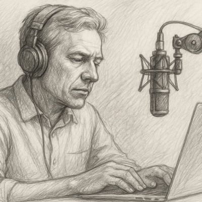 The Hidden Business Model in Your Voice 3 Sketch of a thoughtful man speaking into a microphone while typing on a laptop, symbolizing the monetization of voice and turning spoken insights into structured, scalable intellectual property.