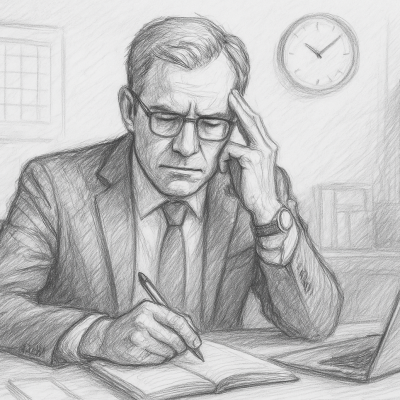 Why Busy Experts Make the Best Authors 2 Illustration of a busy expert deep in thought, capturing ideas at a cluttered desk—symbolizing how real-world experience fuels impactful authorship.