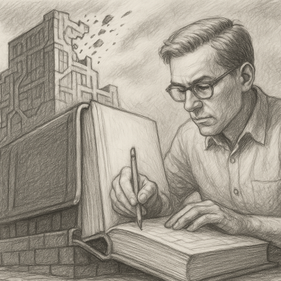 Designing Books That Outlive the Algorithm 1 An author-architect designing a monumental book while a crumbling algorithmic structure fades in the background, symbolizing lasting ideas over fleeting trends.