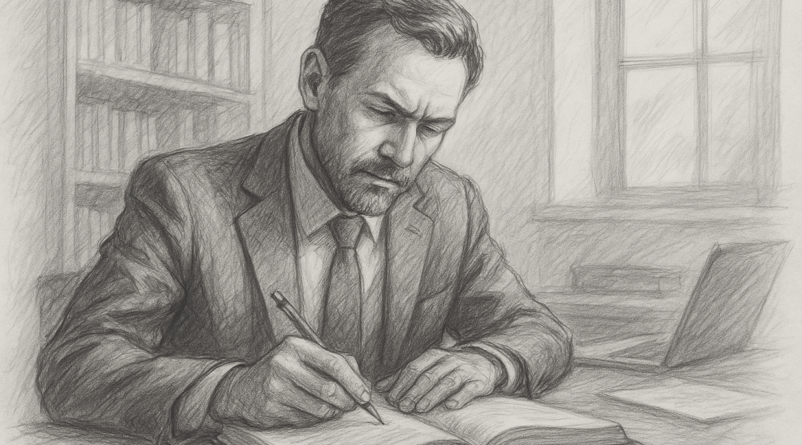 Writing the Book That Attracts Clients, Not Just Compliments 1 Sketch of a focused businessman writing in a book at his desk, symbolizing the transformation of a book into a strategic client-conversion tool.