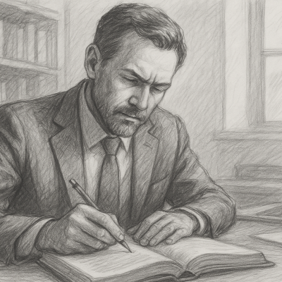 Sketch of a focused businessman writing in a book at his desk, symbolizing the transformation of a book into a strategic client-conversion tool.