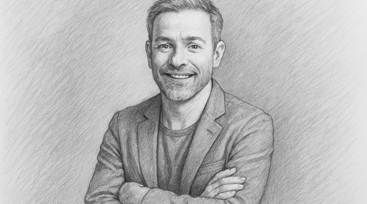 Building Authority Without Hiding Behind a Book 1 Sketch of a confident man with a warm smile and crossed arms, symbolizing authentic personal branding and authority built through genuine voice,