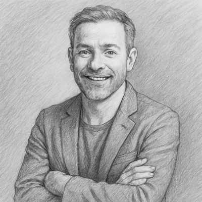 Sketch of a confident man with a warm smile and crossed arms, symbolizing authentic personal branding and authority built through genuine voice,