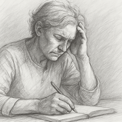 A pencil sketch of a person deep in thought, hand on their head, writing in a notebook—capturing the emotional weight of an untold story and the inner voice urging them to begin.