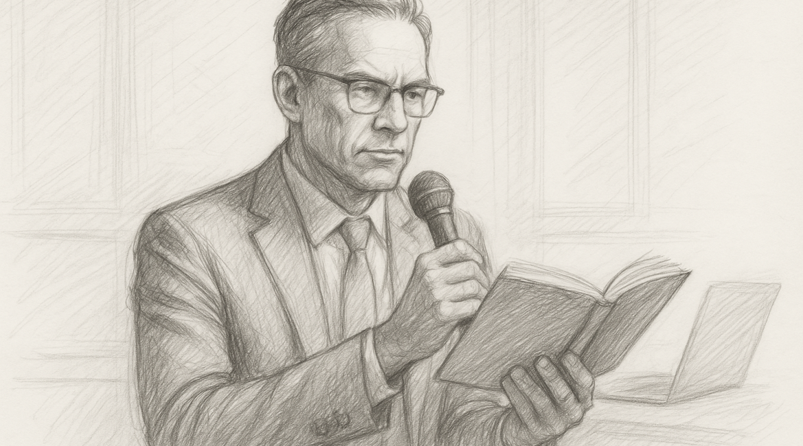 A pencil sketch of a confident leader speaking into a microphone while holding an open book—symbolizing how high-performers publish by voice, not typing.