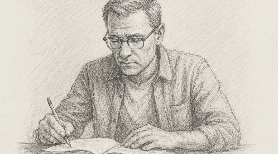 A focused author sketches strategy into an open book, crafting not just words, but a business blueprint worth $250K.