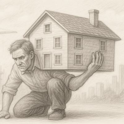 Stop Relying on Grit—Start Growing with Systems 7 Pencil sketch of a man straining under a house, symbolizing the shift from hustle to scalable business systems.