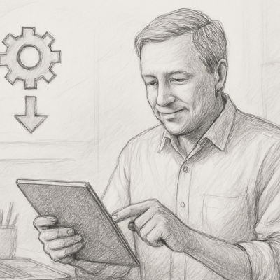 Demystifying AI: A Practical Guide for Non-Tech Business Owners 6 Pencil sketch of a business owner using a tablet, representing practical, no-code AI use in small businesses.
