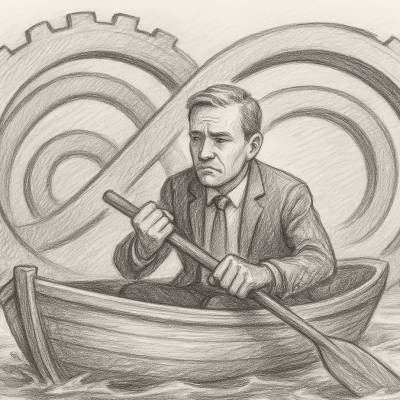 How Your Business Systems Mirror Your Leadership Mindset 5 Pencil sketch of a business leader rowing in circles, symbolizing how mindset shapes and traps business systems.