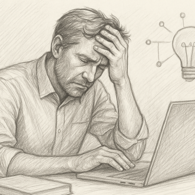 How to Identify Your First AI Opportunity (Hint: It’s Where You’re Struggling Most) 4 A pencil sketch of a stressed business owner at a desk, overwhelmed by repetitive tasks, symbolizing the urgent need for AI to fix daily inefficiencies.