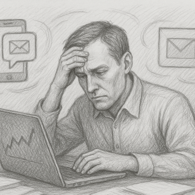 Why Inconsistent Marketing Is a Systems Problem—And How AI Solves It 3 A stressed entrepreneur at a cluttered desk, overwhelmed by chaotic marketing tasks—capturing the struggle of inconsistent marketing before AI brings system and rhythm.