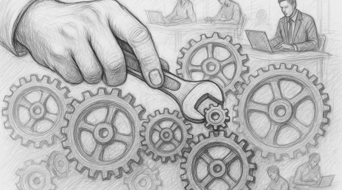 A pencil sketch of a hand tightening a small gear within a larger system of interlocking cogs, symbolizing how micro-automations—small, precise fixes—can create major efficiency gains in business operations.