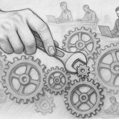 How Micro-Automations Create Macro Impact 2 A pencil sketch of a hand tightening a small gear within a larger system of interlocking cogs, symbolizing how micro-automations—small, precise fixes—can create major efficiency gains in business operations.