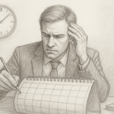 Reclaiming Your Calendar: How AI Reshapes the Way You Work 1 Pencil sketch of a man planning his schedule, reflecting AI-powered time management.