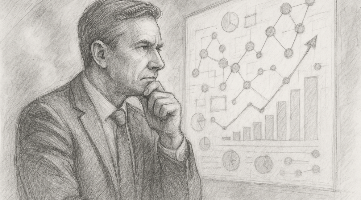 Leading Through Complexity: How AI Simplifies Decisions 1 Pencil sketch of a focused business leader analyzing AI-driven insights on a data-rich screen, symbolizing clarity amid complexity.