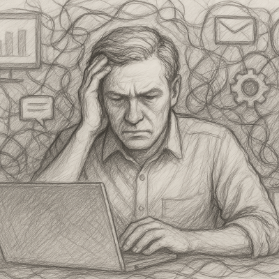 Pencil sketch of a frustrated marketer surrounded by tangled tech devices and AI icons, symbolizing the chaos of an overgrown martech stack.