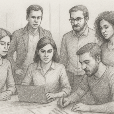 A pencil sketch of an agile marketing pod—five professionals from strategy, creative, data, and tech—collaborating at a table, symbolizing AI-powered teamwork without silos.