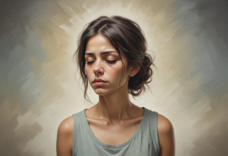 A calm yet heavy expression capturing the journey of trauma recovery.