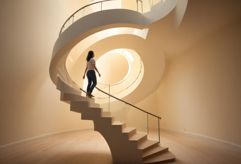 A person walking up a glowing spiral staircase, symbolizing healing and personal growth in soft light.