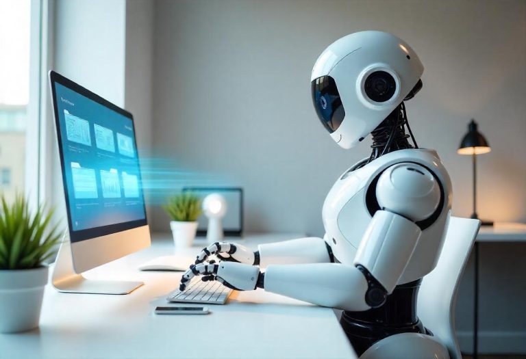 Tiny robots organizing files across a digital workspace, illustrating micro-automations handling repetitive tasks seamlessly.