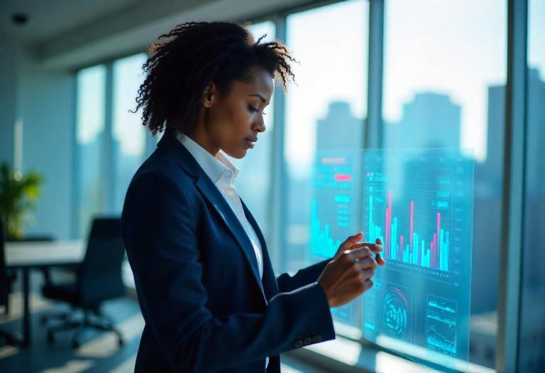 Focused professional assessing visual data patterns for leadership decisions.