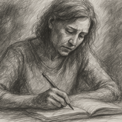 A pencil sketch of a woman deeply focused on writing in a journal, symbolizing the act of reclaiming her story and healing from trauma.